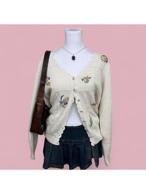 90s cream floral cottagecore granny coquette cardigan sweater